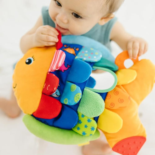 Flip Fish Stuffed Animal, Soft Baby Book, Multi-Textured Squeaking & Crinkling Infant Sensory Toys for Babies with Baby Mirror, Tummy Time Toys for Infants Ages 0–9 Months